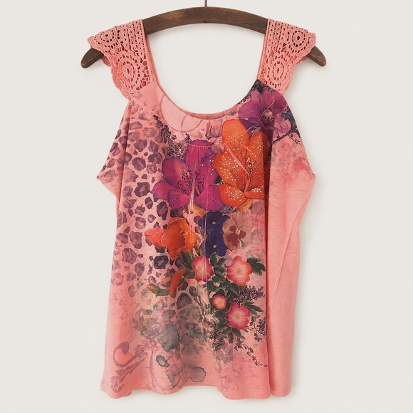 7 Wonders Tops - Womens Top Size XL Peachy Orange Crochet Sleeve Beading Festival Fairy Grunge‎
